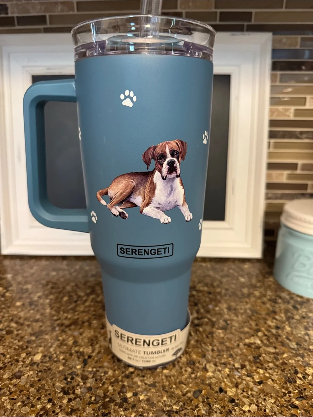 Serengeti Blue Boxer & Paw Print Travel Mug with Handle NEW - see last pic